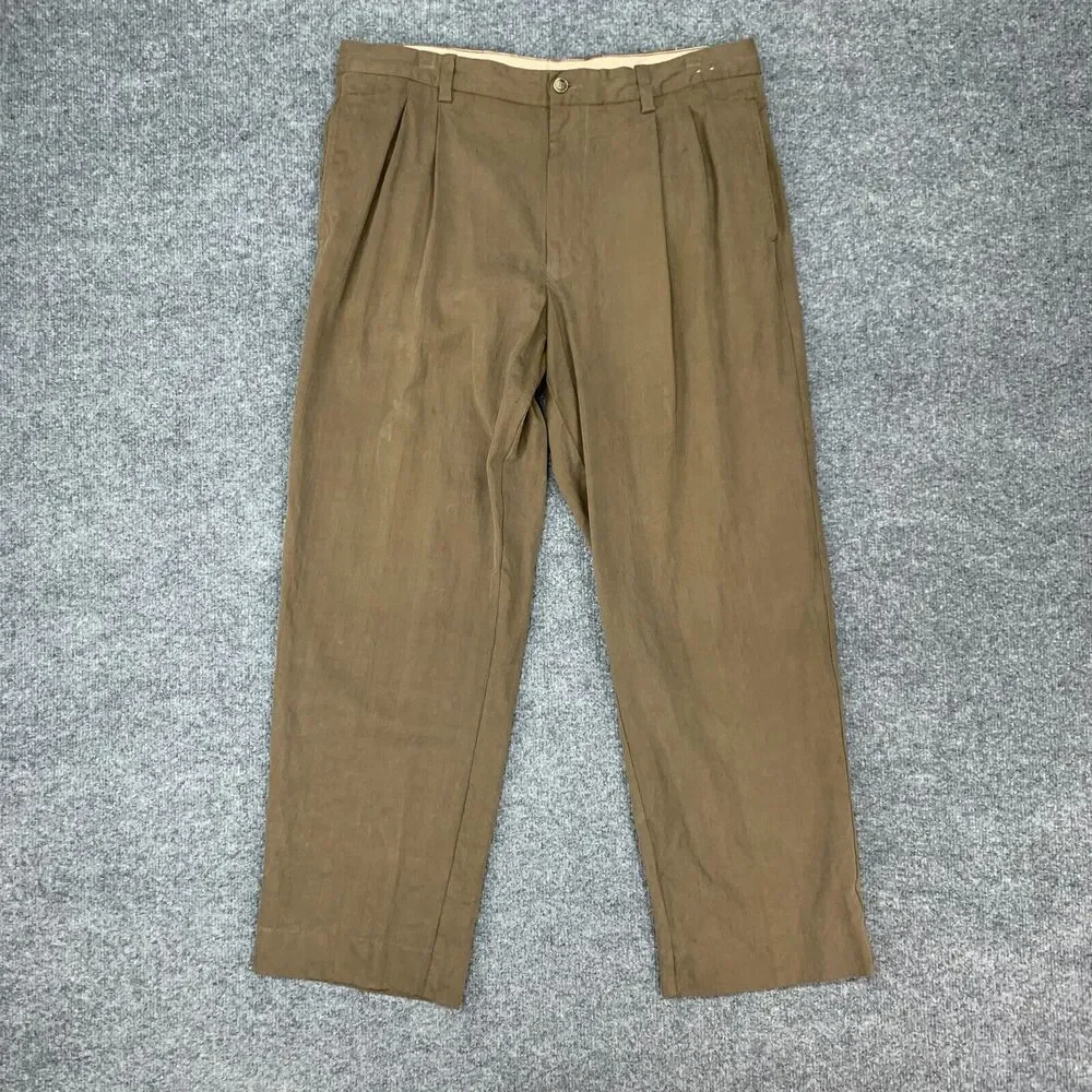Vintage Tommy Bahama Pant Mens 34X28 Brown Silk Blend Pleated Front Relaxed Fit